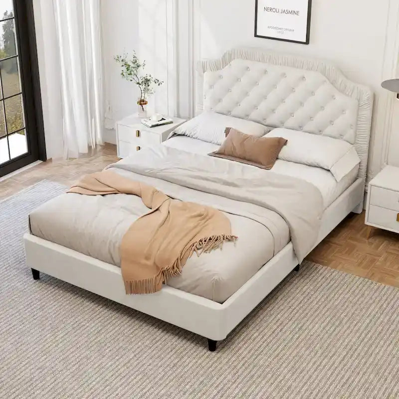 Lit Queen Size moderne capitonné avec tête de lit froncée et capitonnée, cadre en bois et base en métal, sommier non requis