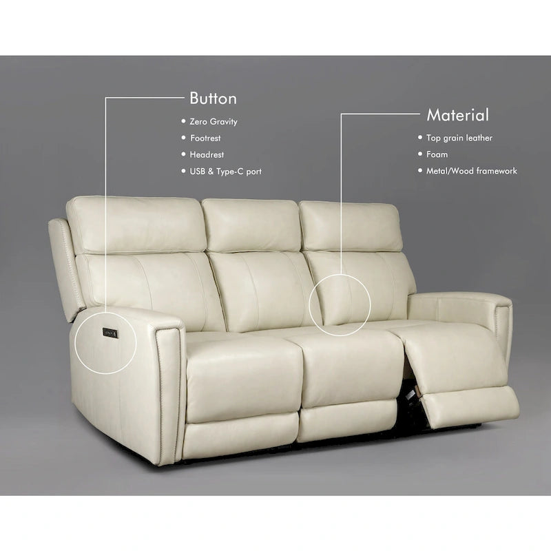 Canapé inclinable électrique zéro gravité en cuir véritable de 81,5 pouces avec appui-tête électrique et ports USB et USB-C.