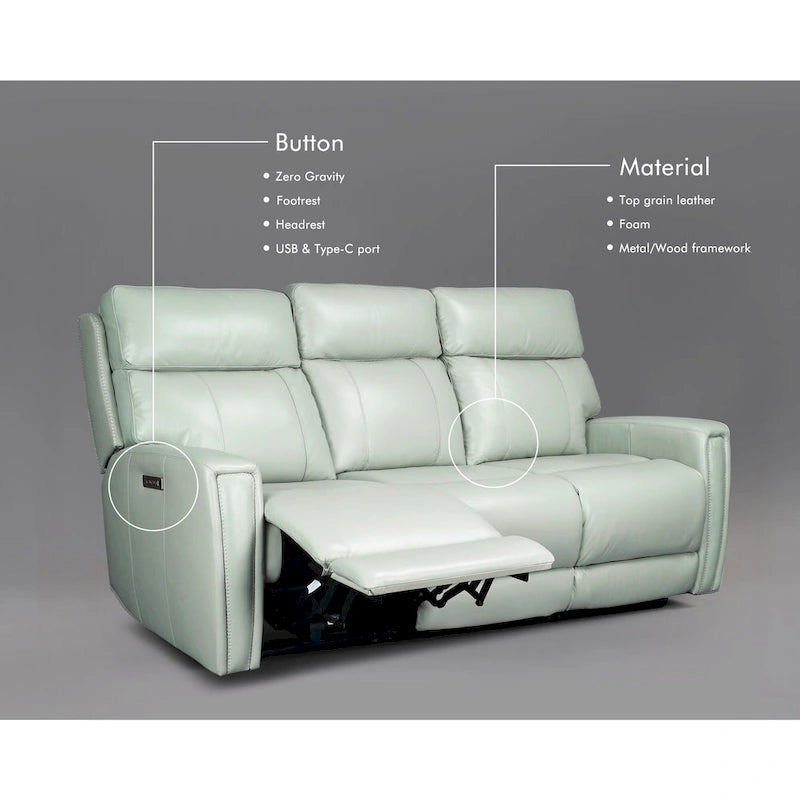 Canapé inclinable électrique zéro gravité en cuir véritable de 81,5 pouces avec appui-tête électrique et ports USB et USB-C.