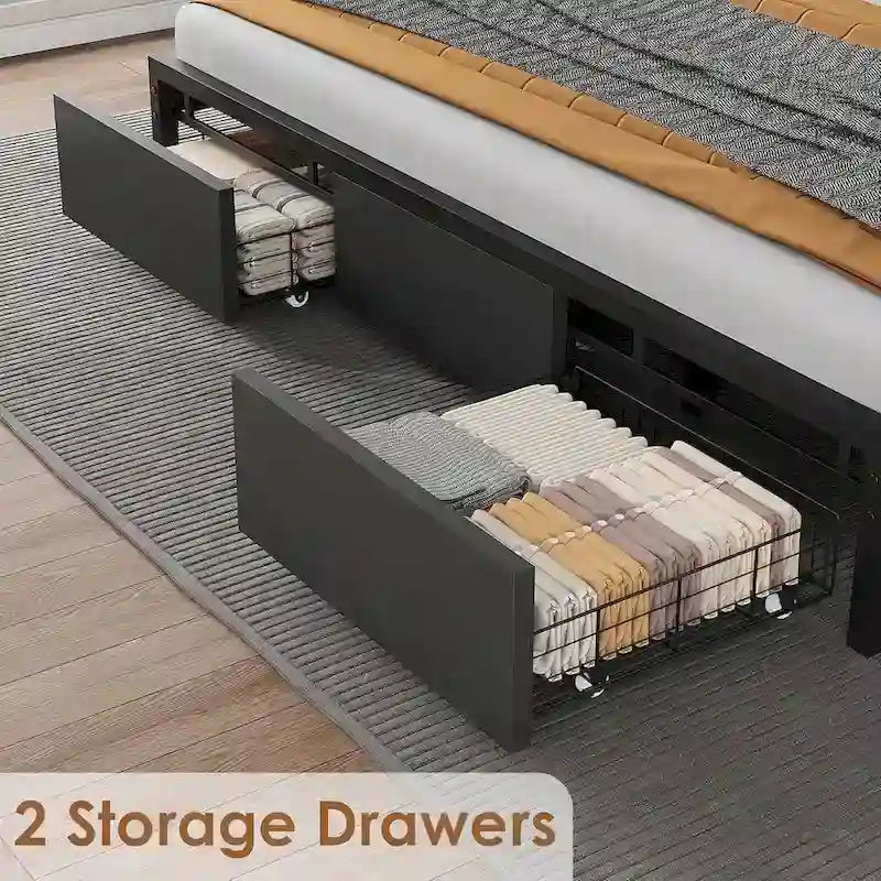 Cadre de lit avec tête de lit de rangement, lit plateforme de style industriel avec 2 grands tiroirs et station de recharge, noir