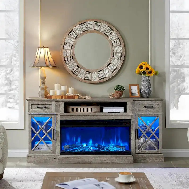 Meuble TV avec cheminée pour téléviseur 80 pouces, centre de divertissement, console multimédia