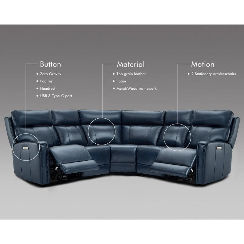 Canapé d'angle inclinable électrique 104 W en cuir véritable 3 couleurs avec fonction zéro gravité, ports USB et USB-C, 2 fauteuils fixes sans accoudoirs