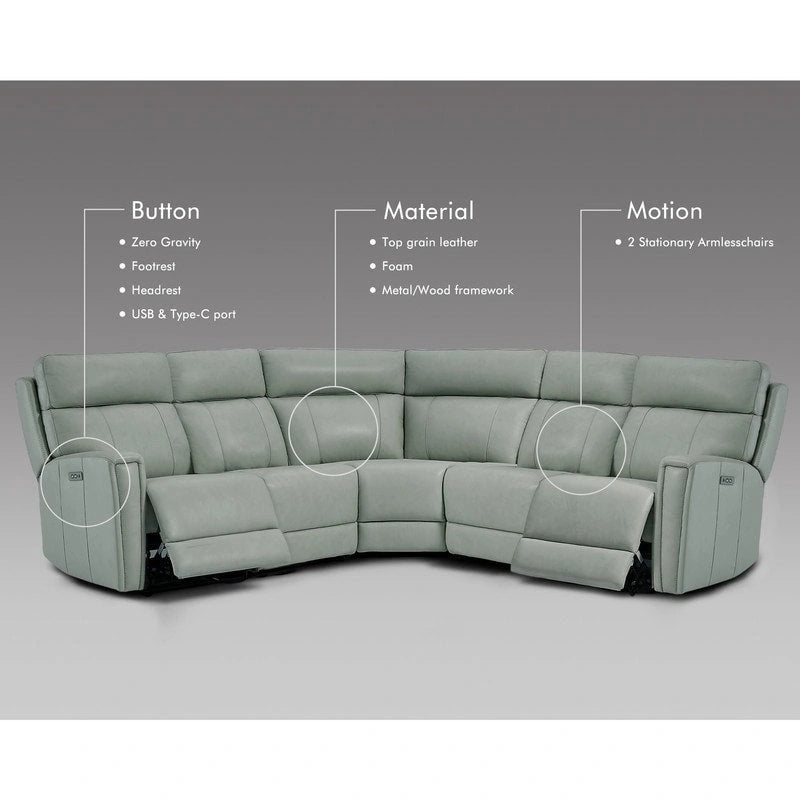 Canapé d'angle inclinable électrique 104 W en cuir véritable 3 couleurs avec fonction zéro gravité, ports USB et USB-C, 2 fauteuils fixes sans accoudoirs