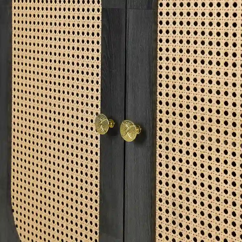 Buffet avec portes en rotin artificiel, buffet à 3 portes avec étagères, meuble bar à café avec poignées en métal