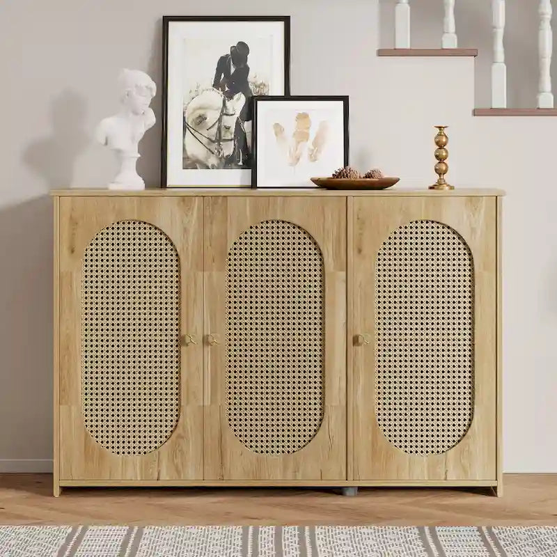 Buffet avec portes en rotin artificiel, buffet à 3 portes avec étagères, meuble bar à café avec poignées en métal