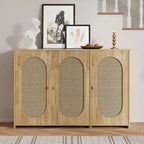 Buffet avec portes en rotin artificiel, buffet à 3 portes avec étagères, meuble bar à café avec poignées en métal