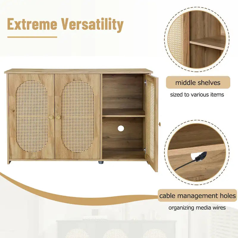 Buffet avec portes en rotin artificiel, buffet à 3 portes avec étagères, meuble bar à café avec poignées en métal