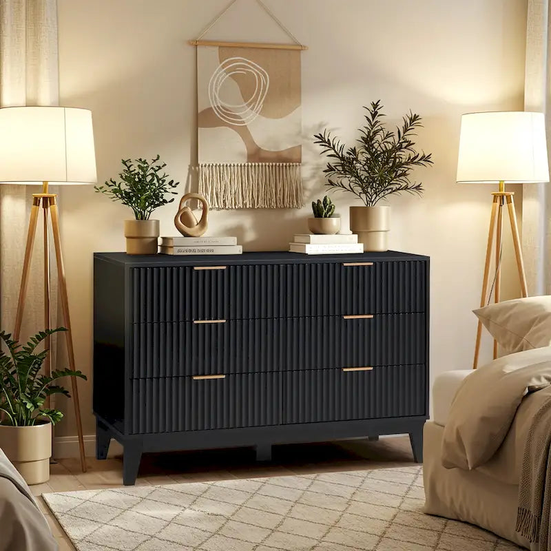 Commode cannelée EROMMY à 6 tiroirs, style moderne du milieu du siècle, avec poignées en métal, idéale pour la chambre ou le salon.