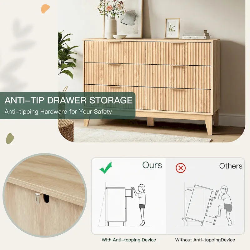 Commode cannelée EROMMY à 6 tiroirs, style moderne du milieu du siècle, avec poignées en métal, idéale pour la chambre ou le salon.