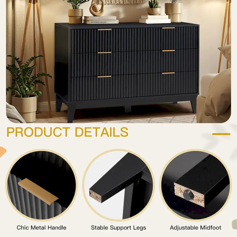 Commode cannelée EROMMY à 6 tiroirs, style moderne du milieu du siècle, avec poignées en métal, idéale pour la chambre ou le salon.