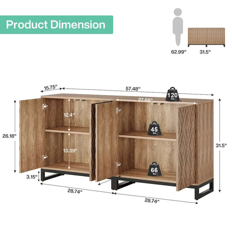 Buffet de style campagnard de 57,5 ​​pouces avec portes pour la cuisine