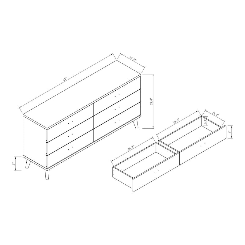 Commode DH BASIC style moderne du milieu du siècle, gris vieilli, 119 cm de large, 6 tiroirs avec poignées, par Denhour
