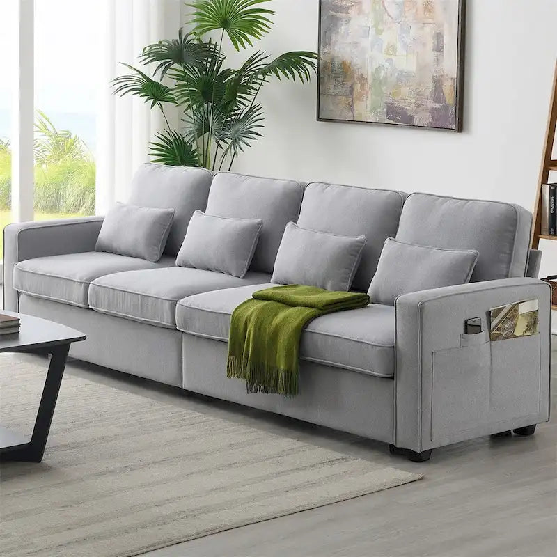 Merax 104  4-Seater Modern Linen Fabric Sofa with Armrest Pockets and 4 Pillows,Minimalist Style Couch