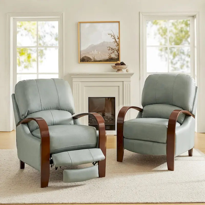 Fauteuil inclinable manuel Alex style moderne du milieu du siècle, en cuir véritable avec accoudoirs incurvés en bois, lot de 2