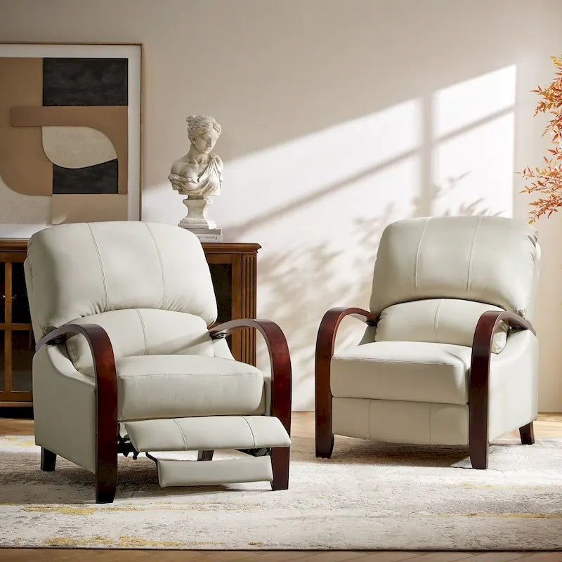 Fauteuil inclinable manuel Alex style moderne du milieu du siècle, en cuir véritable avec accoudoirs incurvés en bois, lot de 2