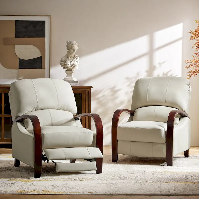 Fauteuil inclinable manuel Alex style moderne du milieu du siècle, en cuir véritable avec accoudoirs incurvés en bois, lot de 2