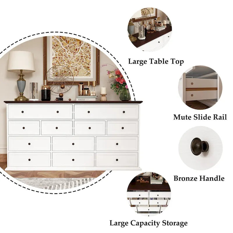 Commode élégante marron et blanche avec un grand espace de rangement et table d'appoint