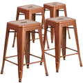Lot de 4 tabourets de bar sans dossier en métal, hauteur comptoir, intérieur/extérieur, assise carrée.