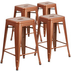Lot de 4 tabourets de bar sans dossier en métal, hauteur comptoir, intérieur/extérieur, assise carrée.
