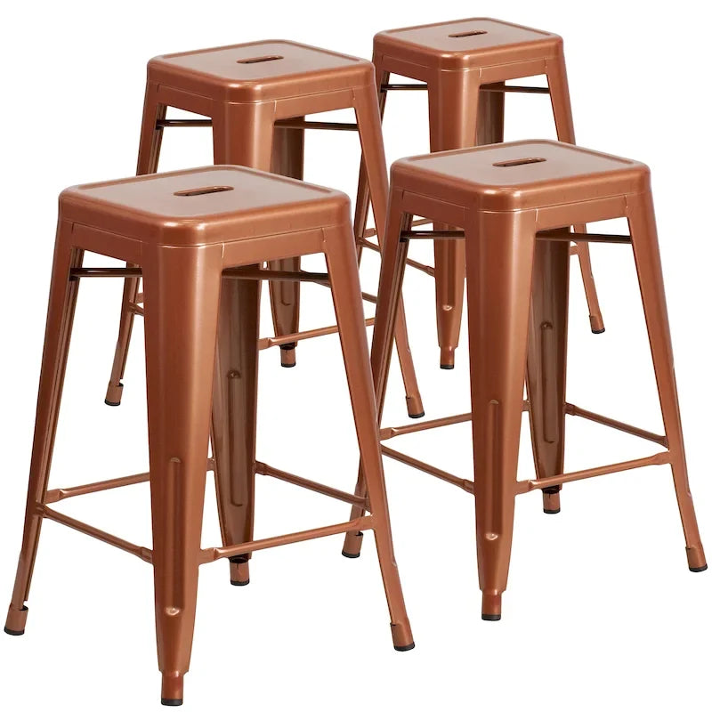 Lot de 4 tabourets de bar sans dossier en métal, hauteur comptoir, intérieur/extérieur, assise carrée.