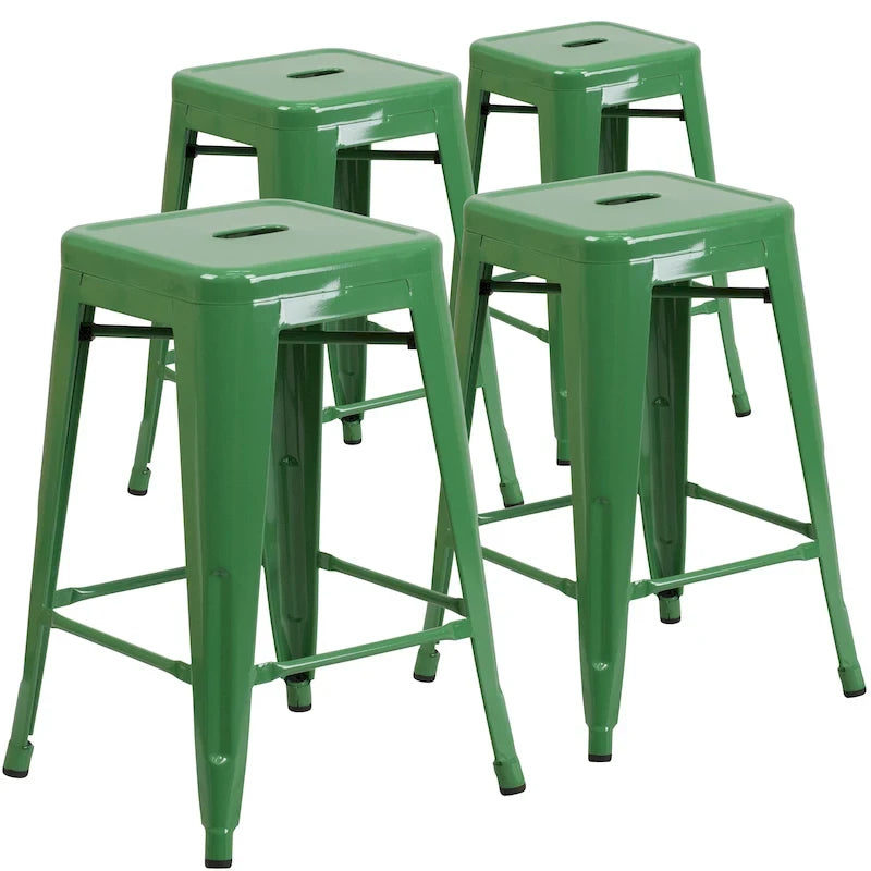 Lot de 4 tabourets de bar sans dossier en métal, hauteur comptoir, intérieur/extérieur, assise carrée.