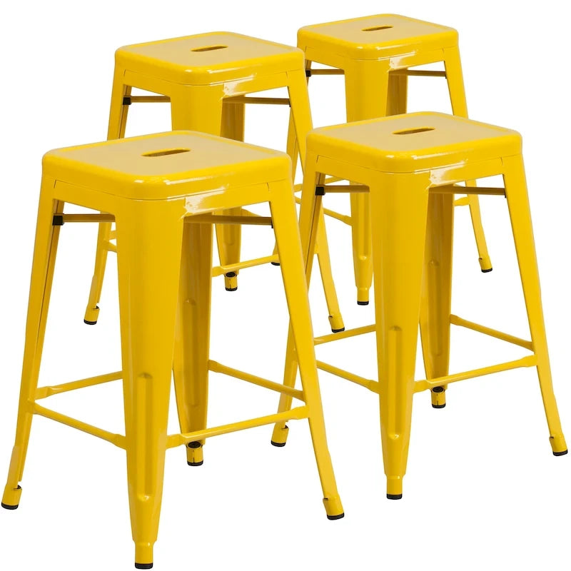 Lot de 4 tabourets de bar sans dossier en métal, hauteur comptoir, intérieur/extérieur, assise carrée.
