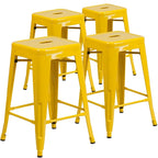 Lot de 4 tabourets de bar sans dossier en métal, hauteur comptoir, intérieur/extérieur, assise carrée.