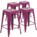 Lot de 4 tabourets de bar sans dossier en métal, hauteur comptoir, intérieur/extérieur, assise carrée.