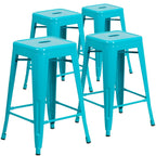 Lot de 4 tabourets de bar sans dossier en métal, hauteur comptoir, intérieur/extérieur, assise carrée.