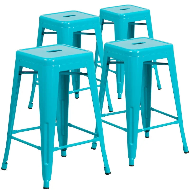 Lot de 4 tabourets de bar sans dossier en métal, hauteur comptoir, intérieur/extérieur, assise carrée.