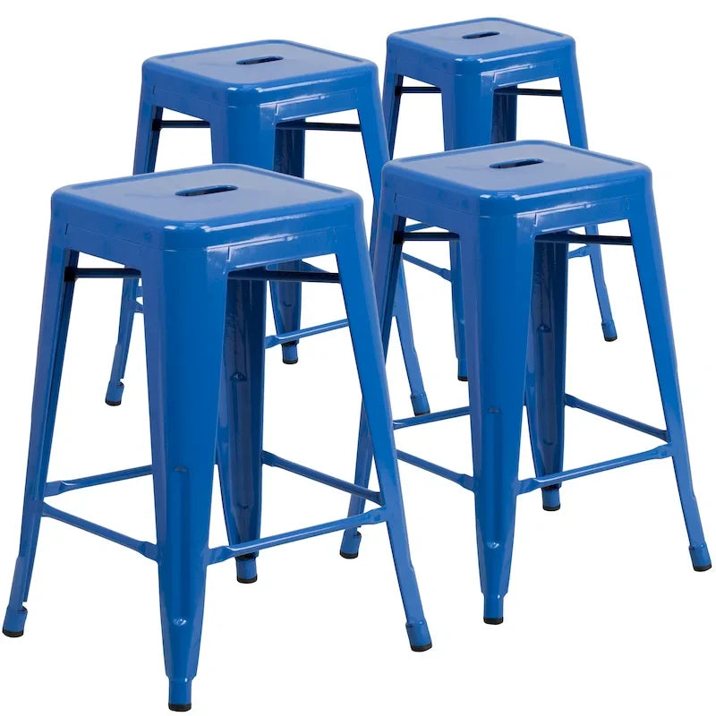 Lot de 4 tabourets de bar sans dossier en métal, hauteur comptoir, intérieur/extérieur, assise carrée.