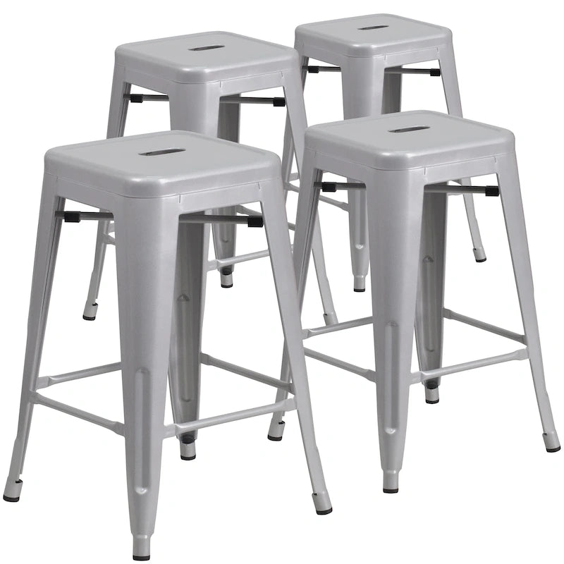 Lot de 4 tabourets de bar sans dossier en métal, hauteur comptoir, intérieur/extérieur, assise carrée.