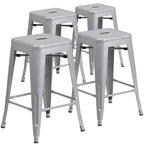 Lot de 4 tabourets de bar sans dossier en métal, hauteur comptoir, intérieur/extérieur, assise carrée.