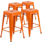Lot de 4 tabourets de bar sans dossier en métal, hauteur comptoir, intérieur/extérieur, assise carrée.