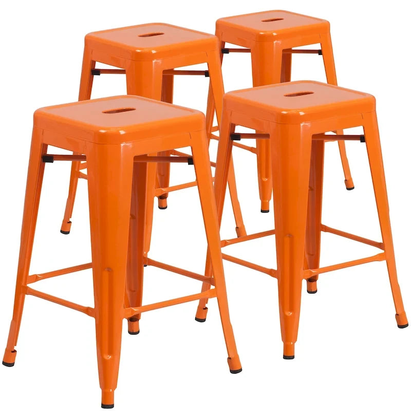 Lot de 4 tabourets de bar sans dossier en métal, hauteur comptoir, intérieur/extérieur, assise carrée.