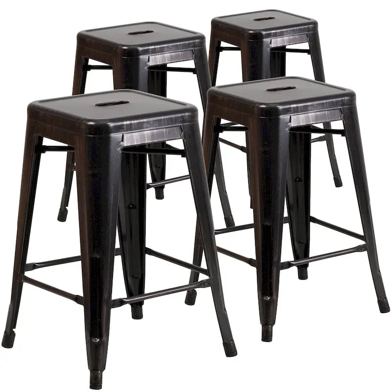Lot de 4 tabourets de bar sans dossier en métal, hauteur comptoir, intérieur/extérieur, assise carrée.