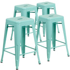 Lot de 4 tabourets de bar sans dossier en métal, hauteur comptoir, intérieur/extérieur, assise carrée.