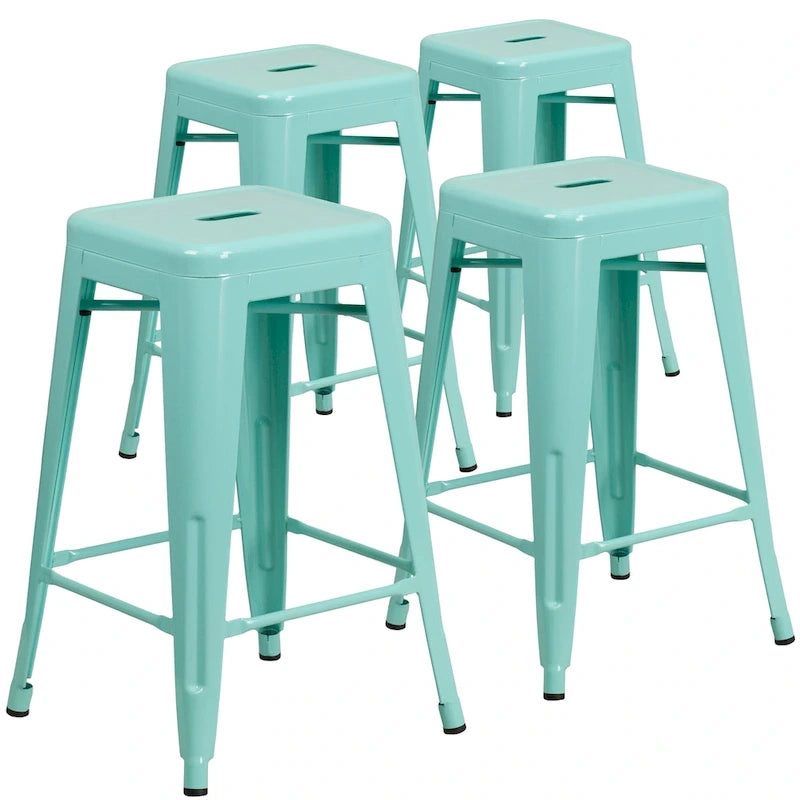 Lot de 4 tabourets de bar sans dossier en métal, hauteur comptoir, intérieur/extérieur, assise carrée.