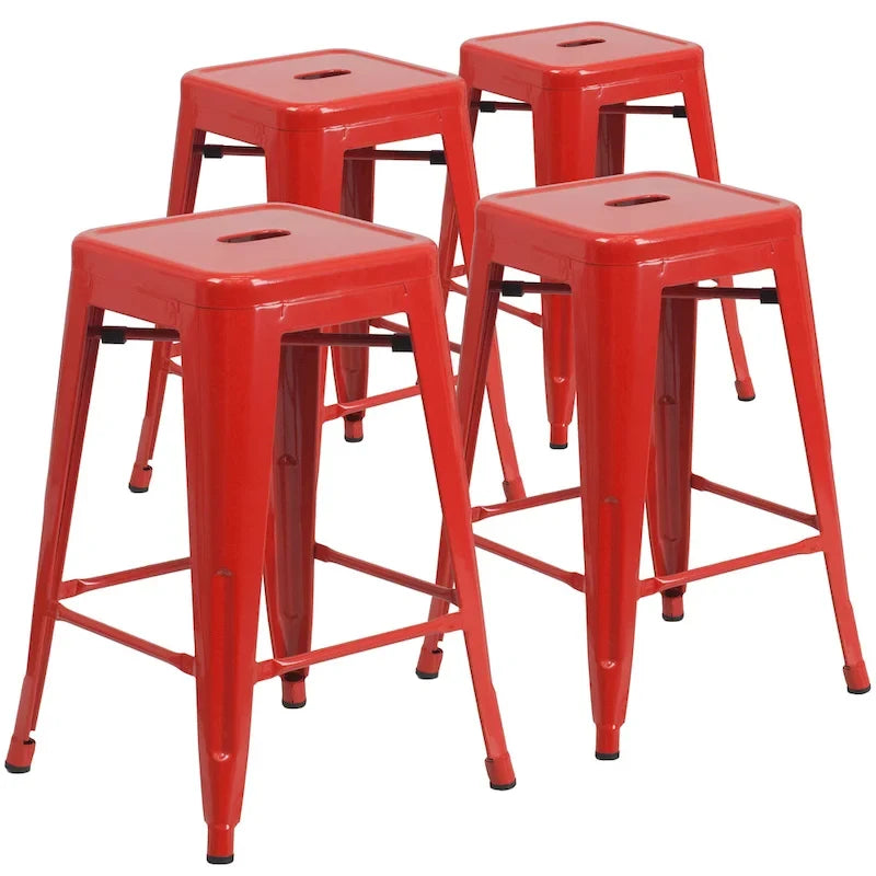 Lot de 4 tabourets de bar sans dossier en métal, hauteur comptoir, intérieur/extérieur, assise carrée.