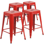 Lot de 4 tabourets de bar sans dossier en métal, hauteur comptoir, intérieur/extérieur, assise carrée.