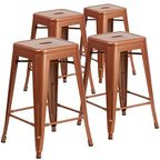 Lot de 4 tabourets de bar sans dossier en métal, hauteur comptoir, intérieur/extérieur, assise carrée.