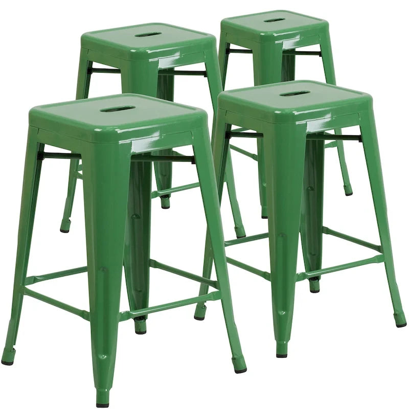Lot de 4 tabourets de bar sans dossier en métal, hauteur comptoir, intérieur/extérieur, assise carrée.