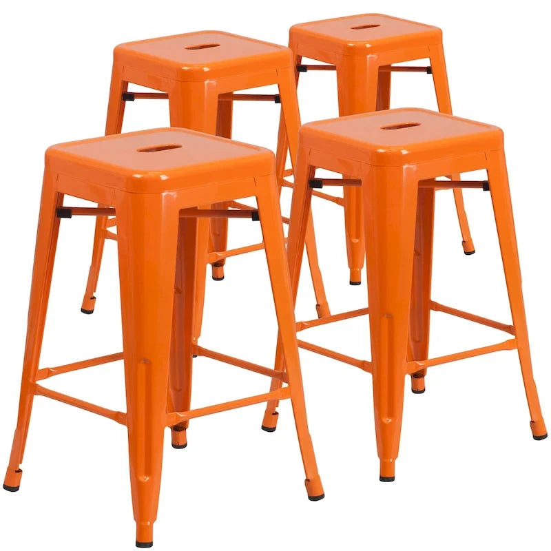 Lot de 4 tabourets de bar sans dossier en métal, hauteur comptoir, intérieur/extérieur, assise carrée.
