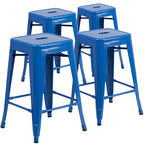Lot de 4 tabourets de bar sans dossier en métal, hauteur comptoir, intérieur/extérieur, assise carrée.