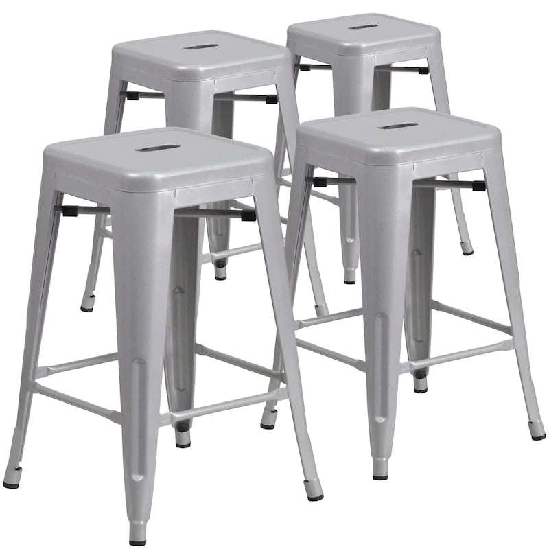 Lot de 4 tabourets de bar sans dossier en métal, hauteur comptoir, intérieur/extérieur, assise carrée.