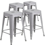 Lot de 4 tabourets de bar sans dossier en métal, hauteur comptoir, intérieur/extérieur, assise carrée.