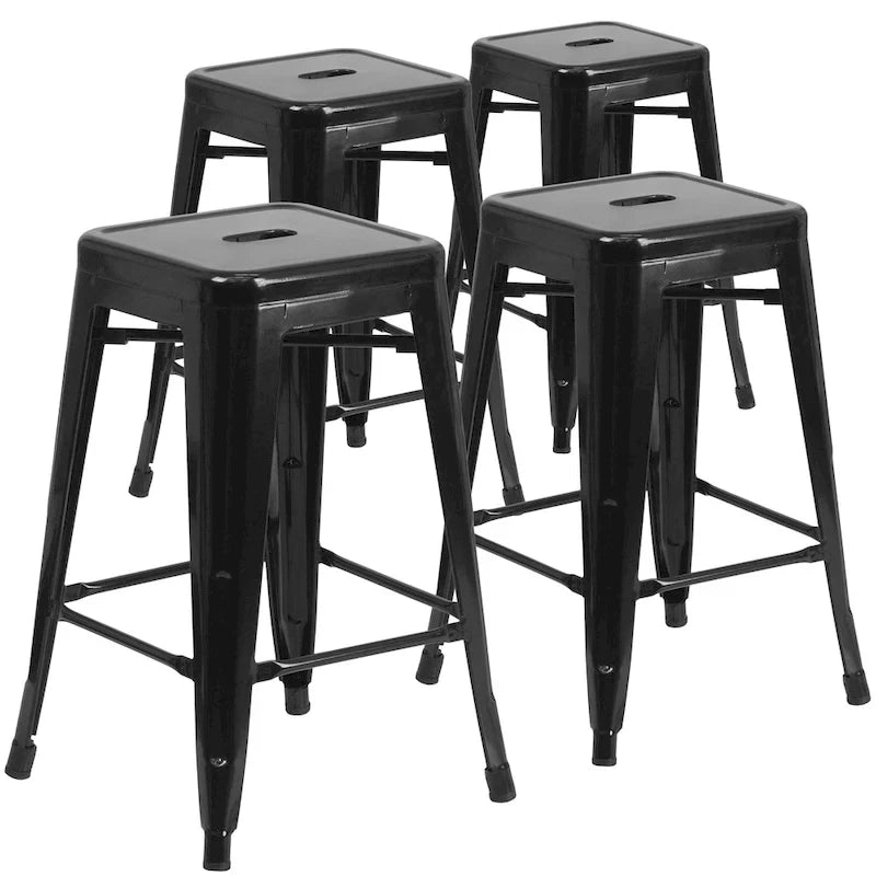 Lot de 4 tabourets de bar sans dossier en métal, hauteur comptoir, intérieur/extérieur, assise carrée.