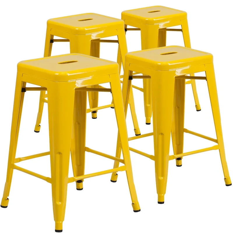 Lot de 4 tabourets de bar sans dossier en métal, hauteur comptoir, intérieur/extérieur, assise carrée.