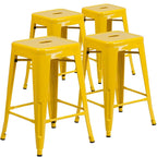 Lot de 4 tabourets de bar sans dossier en métal, hauteur comptoir, intérieur/extérieur, assise carrée.