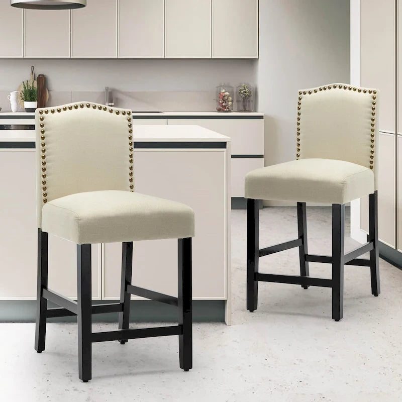 Tabourets de bar de hauteur comptoir avec dossier, revêtement en tissu de 61 cm (24 pouces), garniture cloutée, ensemble de 2